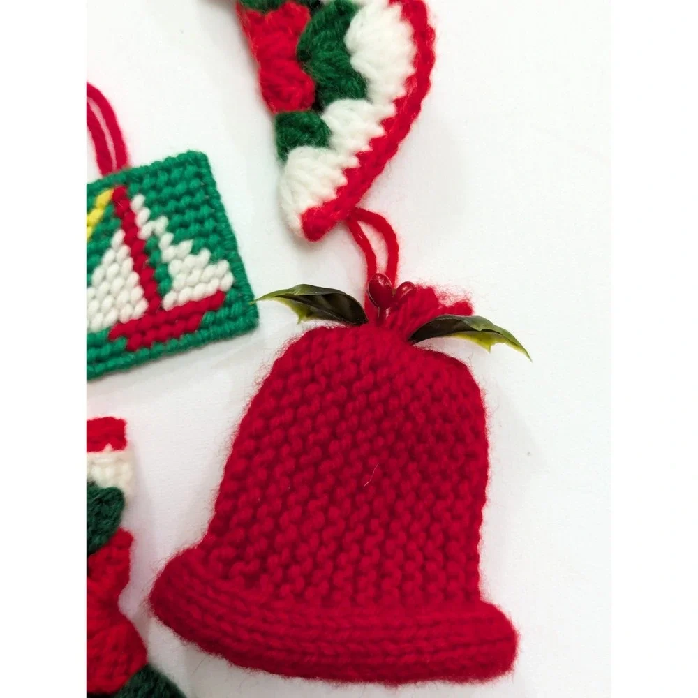 VTG Handmade Christmas Knit Crochet Plastic Canvas Yarn Ornaments Lot Of 7